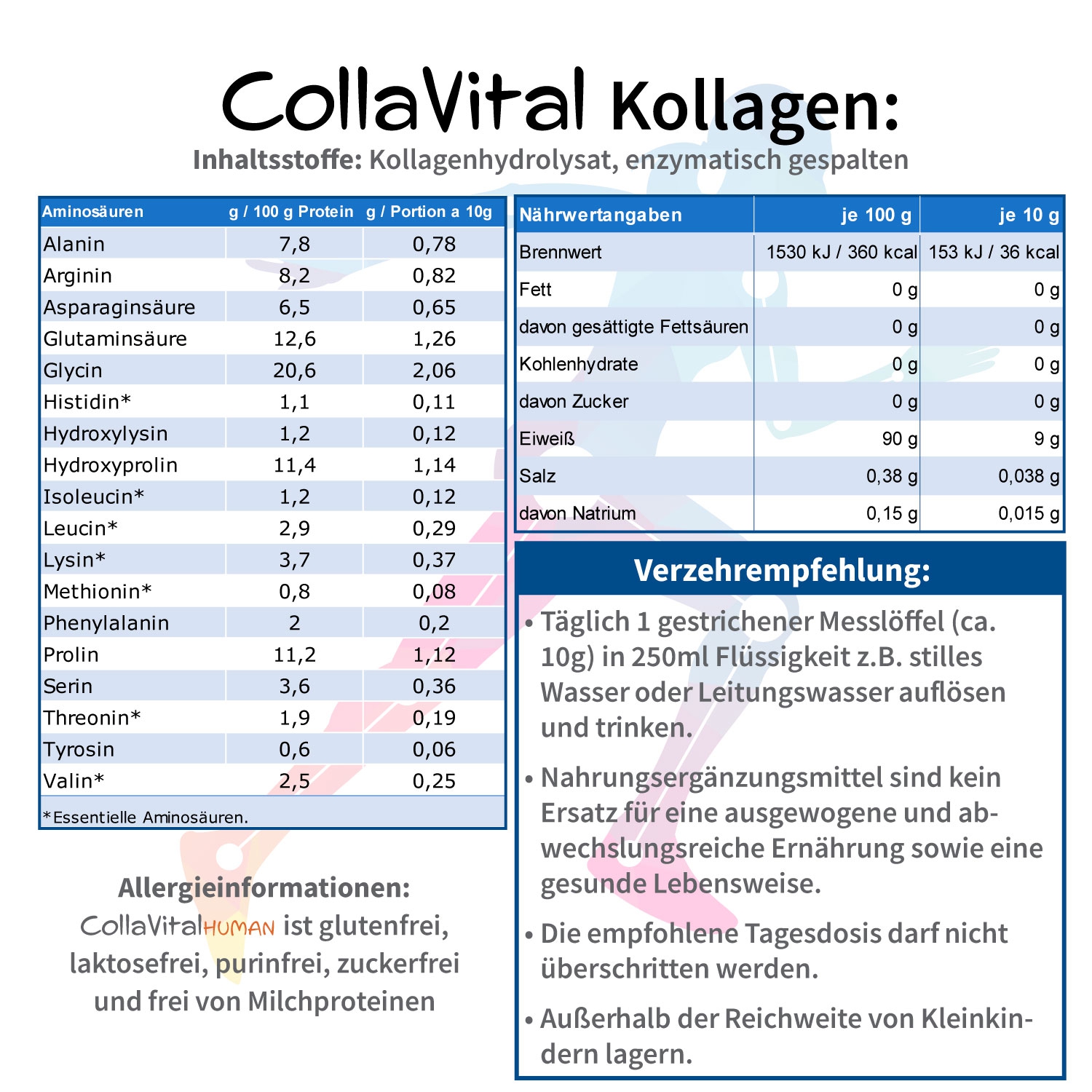 6 x Collavital® Human Collagen Pulver [300g] – Bioaktives Kollagen Hydrolysat